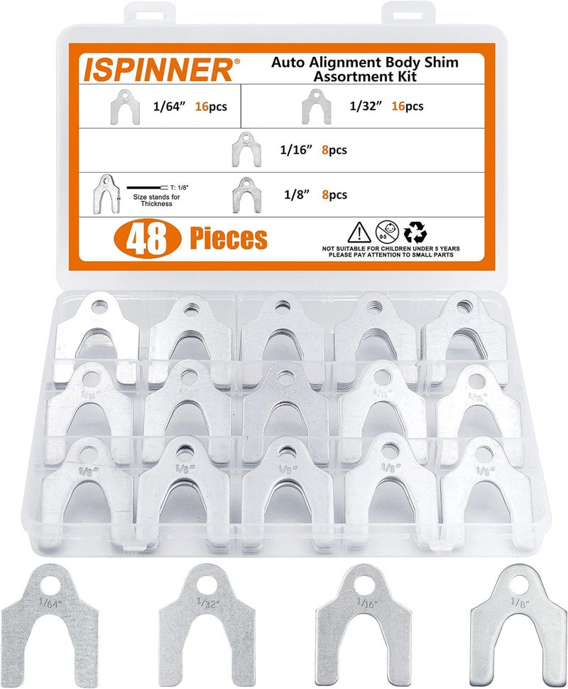 ISPINNER 48pcs Auto Alignment Body Shim Assortment Kit, 1/64" 1/32" 1/16" 1/8" Universal Shims for Adjusting Body Parts or Camber Alignment - Image 1